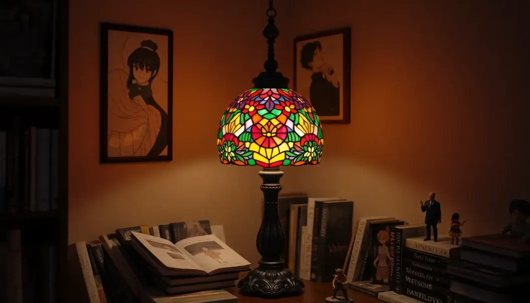 A colorful stained glass lamp illuminating an anime-themed room.