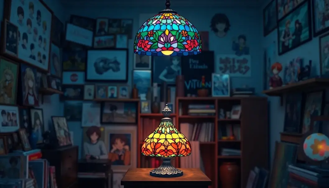A colorful stained glass lamp illuminating an anime-themed room.