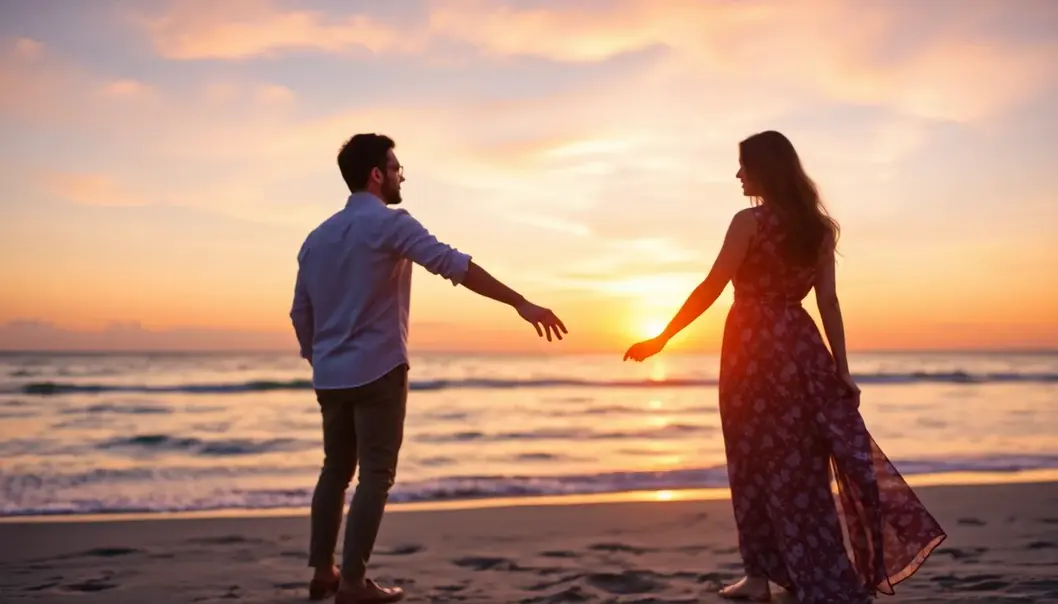 A couple on the beach at sunset, focused on an engagement ring.