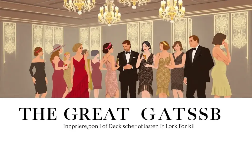 A dazzling 1920s party scene inspired by The Great Gatsby, featuring flapper dresses and tuxedos.