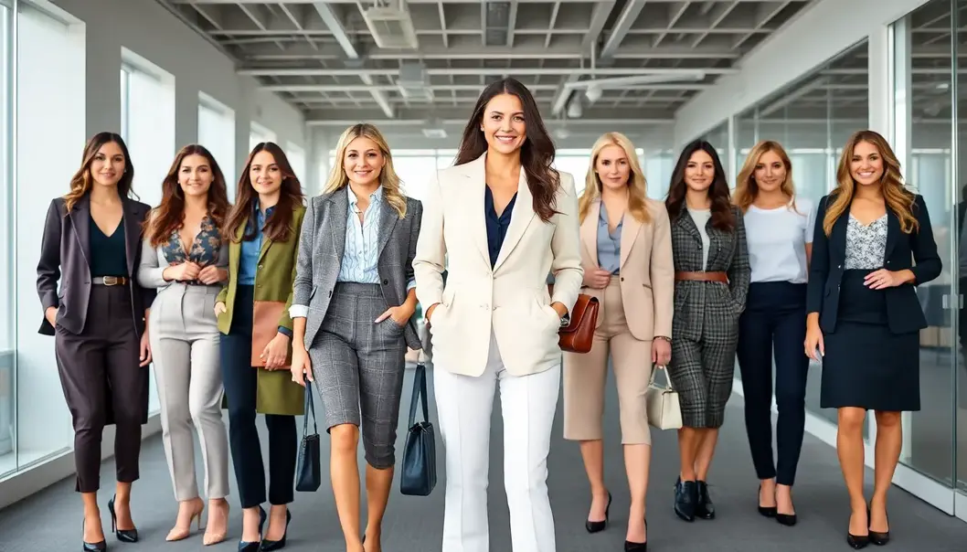 Women in various stylish office outfits standing in a modern office setting.