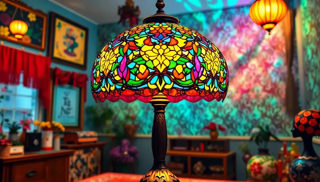 A Tiffany-style lamp projecting colorful patterns in an anime-inspired room.